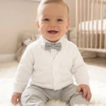 Biały elegancki sweterek niemowlęcy dla chłopca do chrztu i na roczek