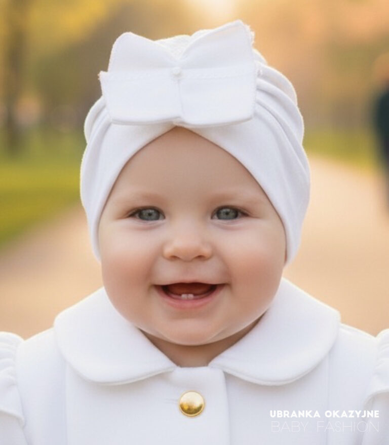Biały turban dla dziewczynki do chrztu z dużą ozdobną kokardą, elegancka czapeczka niemowlęca.