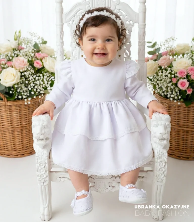 Elegancka sukienka na chrzest z koronkowym wykończeniem i warstwowym dołe