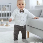 Elegancki komplet wizytowy dla chłopca: biały sweterek rozpinany, szare spodnie i szara muszka - idealny do chrztu.
