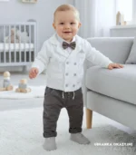 Elegancki komplet wizytowy dla chłopca: biały sweterek rozpinany, szare spodnie i szara muszka - idealny do chrztu.