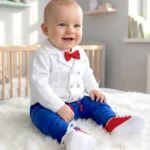 Eleganckie ubranko do chrztu dla chłopca: biały sweterek rozpinany z czerwoną muchą i niebieskie spodnie.