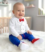 Eleganckie ubranko do chrztu dla chłopca: biały sweterek rozpinany z czerwoną muchą i niebieskie spodnie.