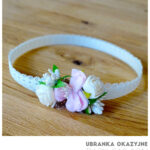 Opaska do Chrztu - Wianuszek z Biało-Różowymi Kwiatami i Perełkami