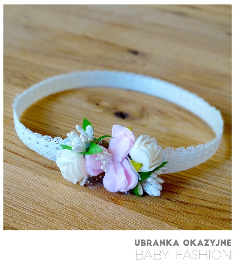 Opaska do Chrztu - Wianuszek z Biało-Różowymi Kwiatami i Perełkami