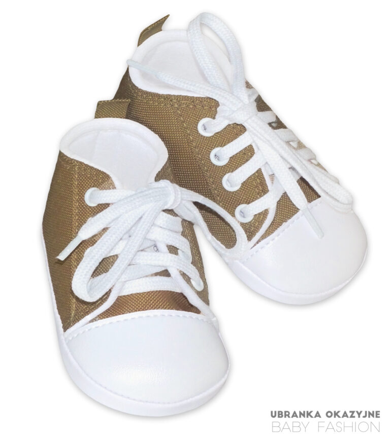 Beżowe trampki niemowlęce z białym noskiem - sznurowane niechodki dla chłopca