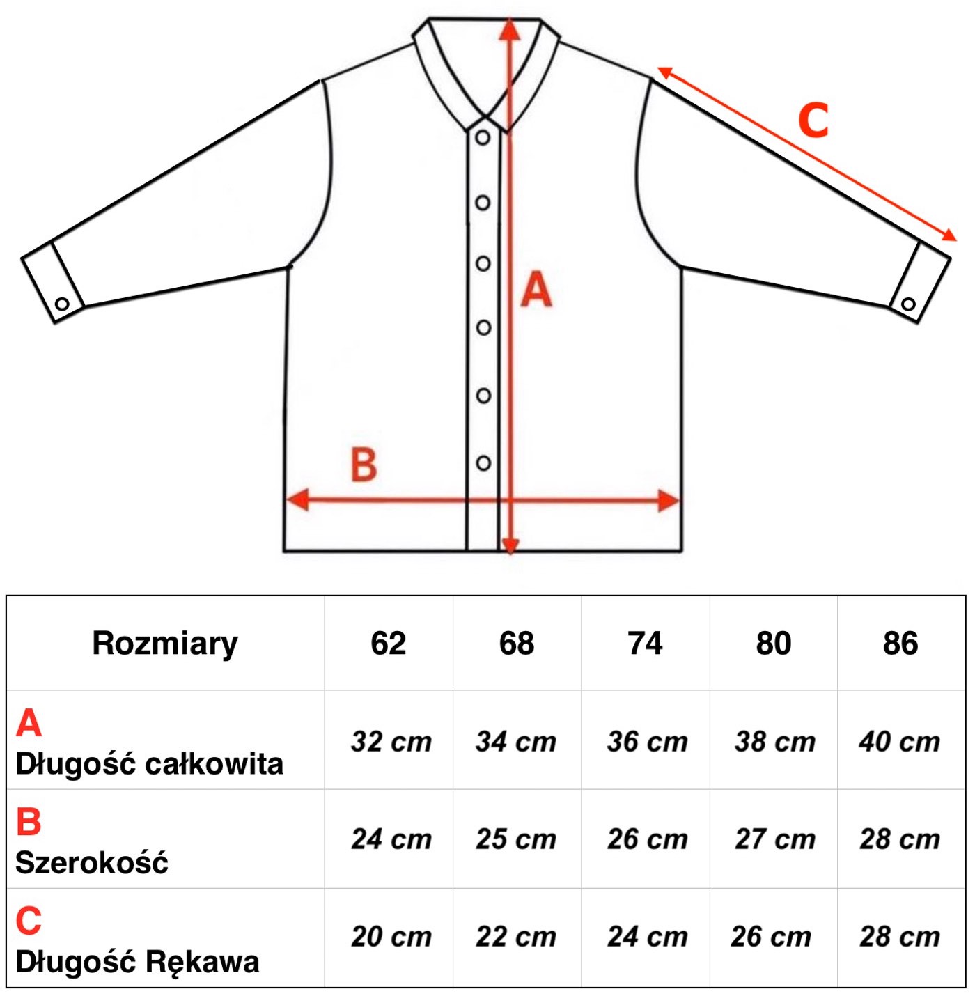 Koszula muślinowa długi rękaw 1 Muslin DR tabela 2d0