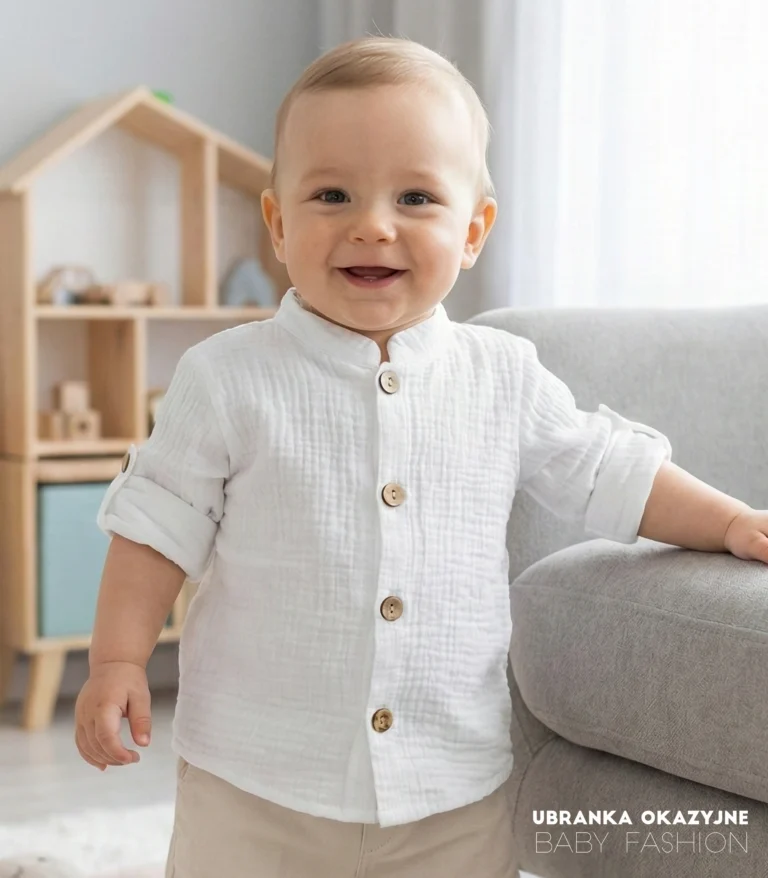 Biała koszula muślinowa dla dziecka ze stójką i drewnianymi guzikami