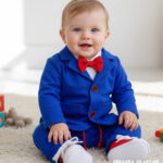 Chabrowy garnitur do chrztu dla chłopca z czerwoną muchą - elegancki komplet na roczek i wesele