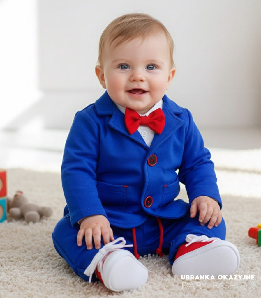 Chabrowy garnitur do chrztu dla chłopca z czerwoną muchą - elegancki komplet na roczek i wesele