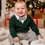 Elegancki komplet wizytowy dla chłopca: zielony sweterek, spodnie w kratkę i muszka. Idealne ubranko na Święta, chrzest lub roczek.