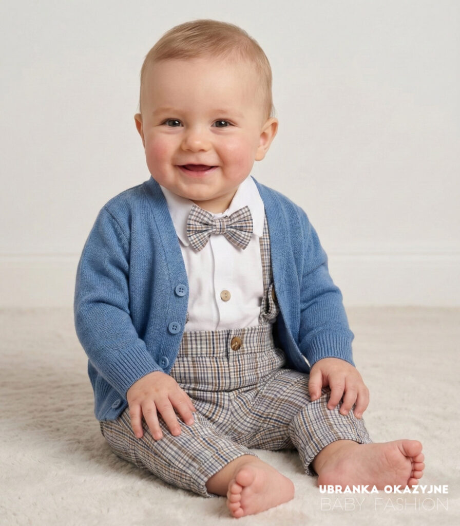 Eleganckie ubranko do chrztu dla chłopca: spodnie w beżową kratkę, biała koszula z muszką i niebieski sweterek rozpinany.
