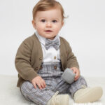 Elegancki zestaw do chrztu dla chłopca: brązowy sweterek, spodnie w kratę na szelkach i mucha.
