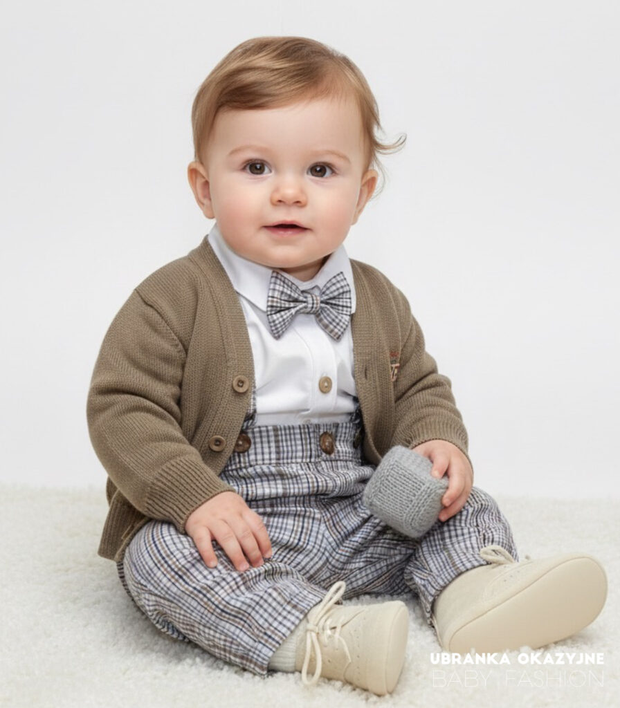 Elegancki zestaw do chrztu dla chłopca: brązowy sweterek, spodnie w kratę na szelkach i mucha.