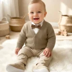 Beżowy sweterek bambusowy dla niemowlaka - elegancki kardigan do chrztu i na roczek