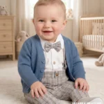 Wizytowy sweterek niemowlęcy w kolorze atramentowym - modna stylizacja na chrzest i roczek.