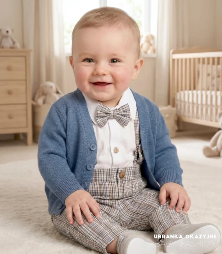 Wizytowy sweterek niemowlęcy w kolorze atramentowym - modna stylizacja na chrzest i roczek.