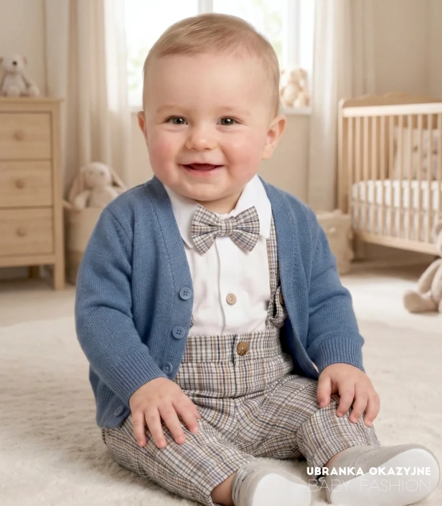 Wizytowy sweterek niemowlęcy w kolorze atramentowym - modna stylizacja na chrzest i roczek.
