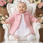 Różowy płaszczyk dla dziewczynki do chrztu z ozdobnymi kokardkami - eleganckie okrycie wierzchnie na chrzciny.