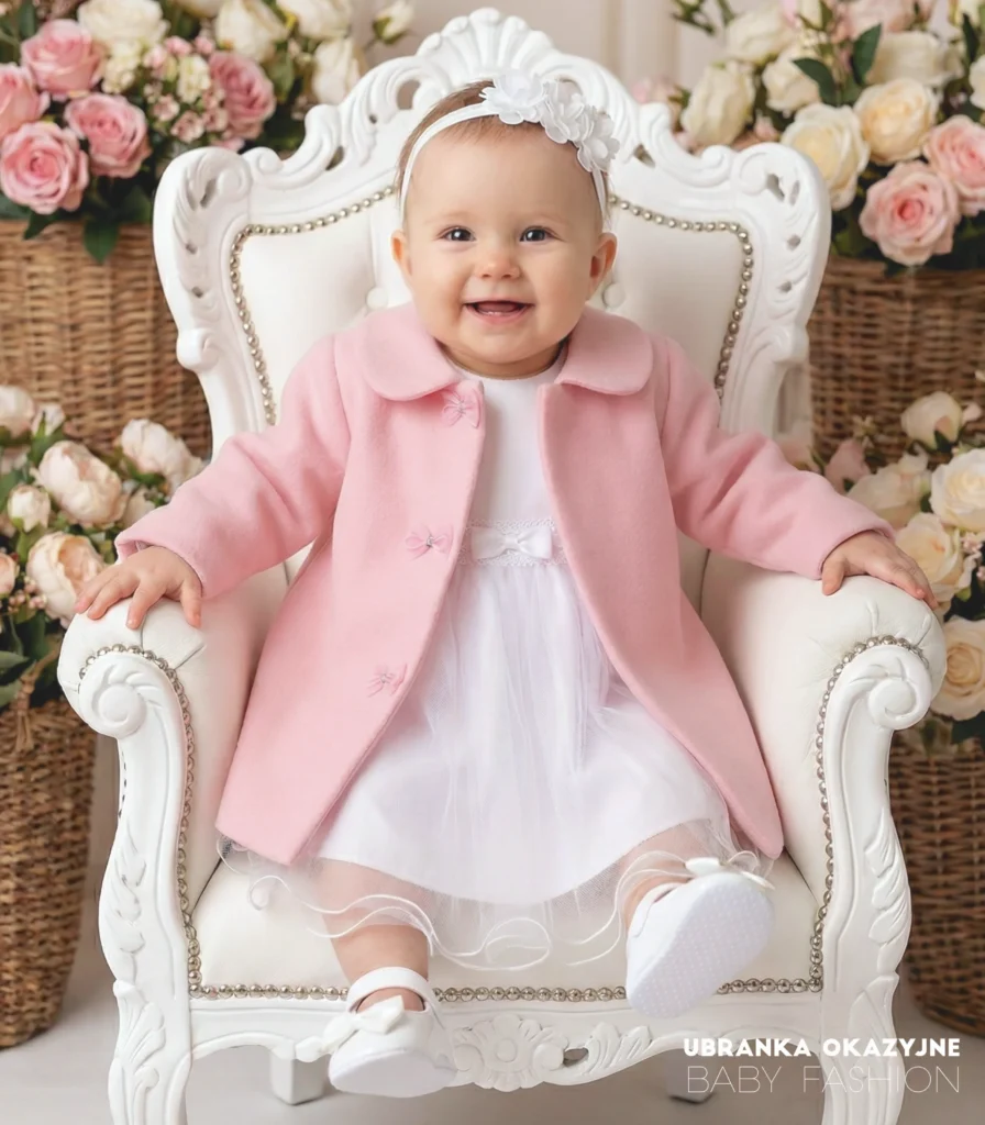 Różowy płaszczyk dla dziewczynki do chrztu z ozdobnymi kokardkami - eleganckie okrycie wierzchnie na chrzciny.