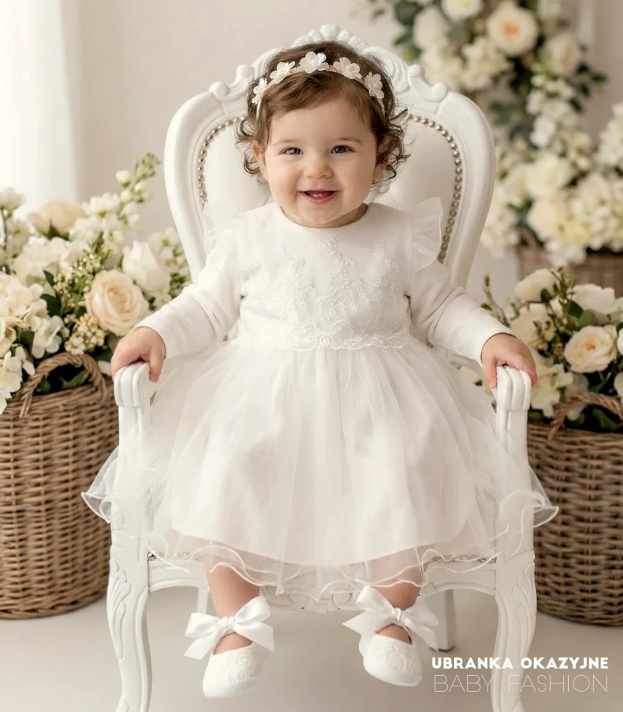 Elegancka sukienka do chrztu ecru z tiulem i haftowaną górą dla dziewczynki