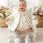 Elegancki płaszczyk do chrztu dla dziewczynki w kolorze ecru, zapinany na guziki z ozdobnymi kokardkami.