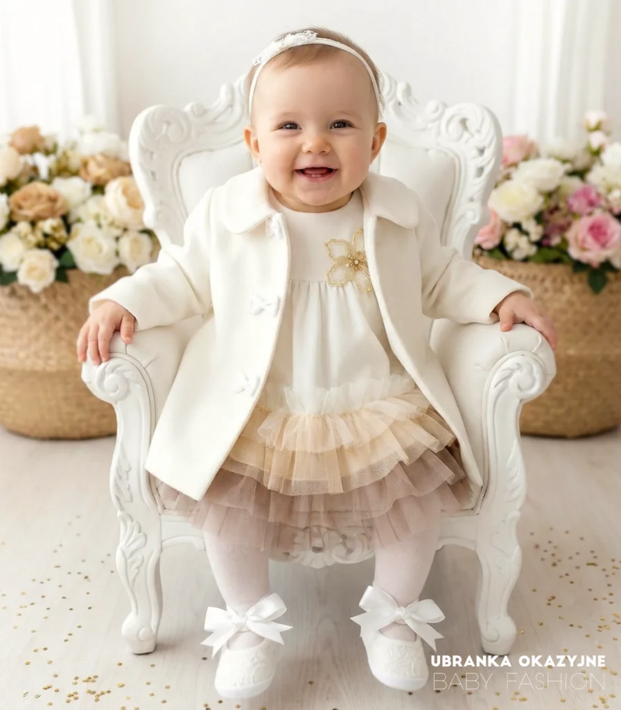 Elegancki płaszczyk do chrztu dla dziewczynki w kolorze ecru, zapinany na guziki z ozdobnymi kokardkami.