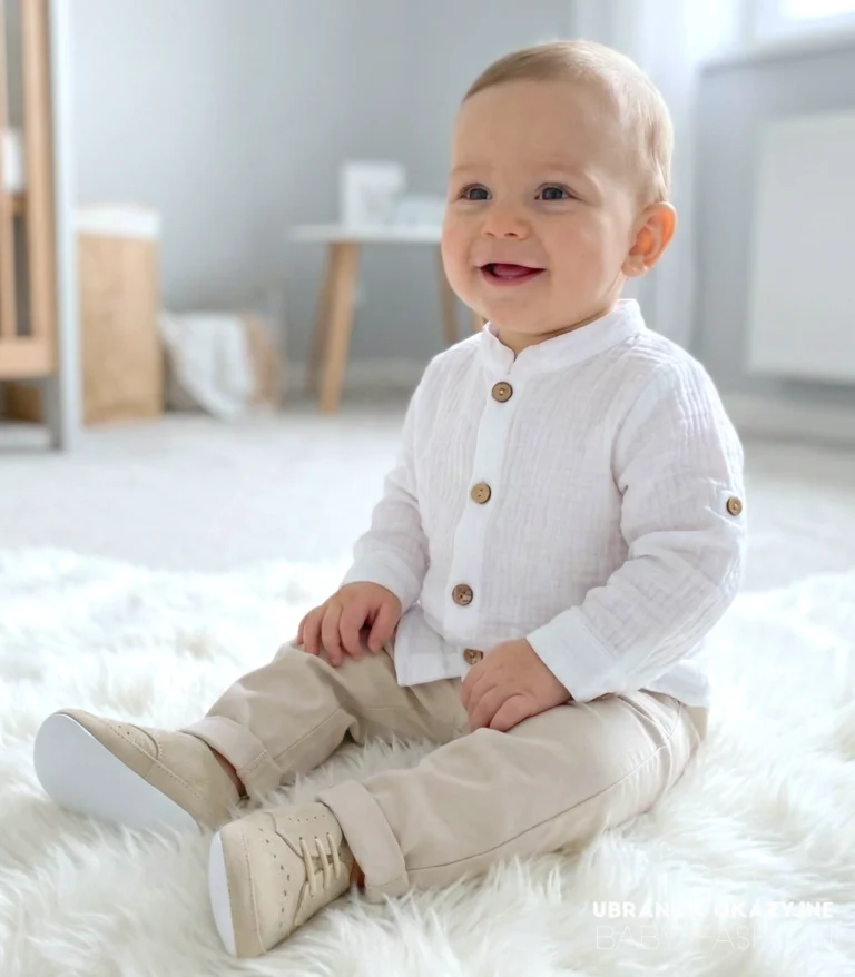 Muślinowy komplet do chrztu dla chłopca – biała koszula ze stójką i beżowe spodnie wizytowe.