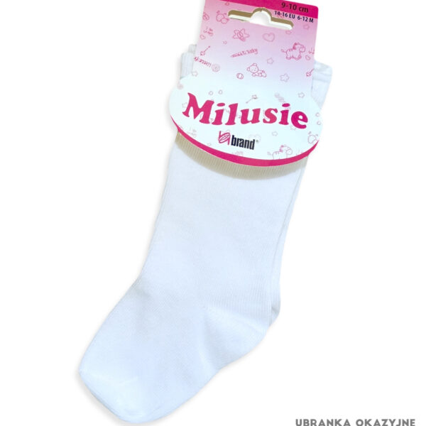 Białe podkolanówki niemowlęce marki Milusie, gładkie