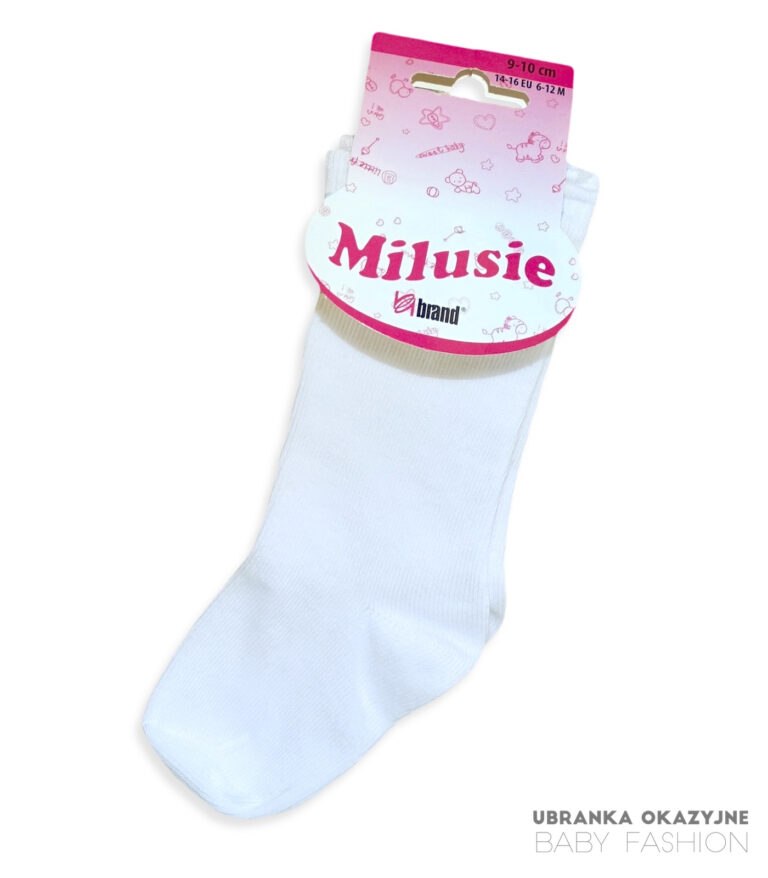 Białe podkolanówki niemowlęce marki Milusie, gładkie