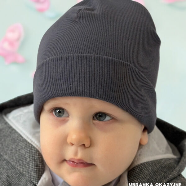Grafitowa czapka smerfetka dla chłopca prążkowana czapka bawełniana