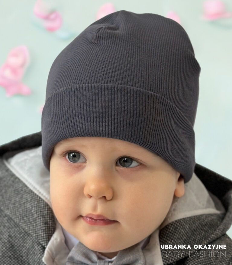 Grafitowa czapka smerfetka dla chłopca prążkowana czapka bawełniana