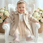 Elegancki beżowy płaszczyk do chrztu dla dziewczynki w kolorze cappuccino.