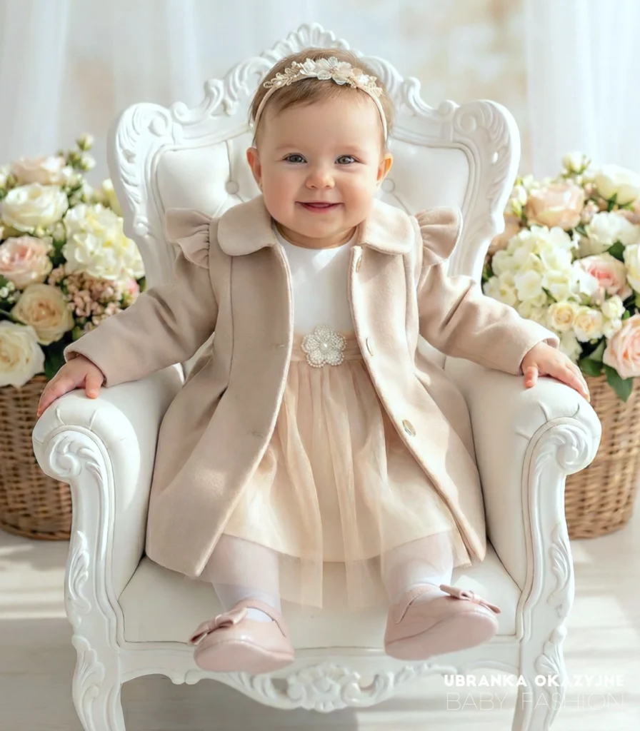 Elegancki beżowy płaszczyk do chrztu dla dziewczynki w kolorze cappuccino.