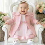 Elegancki różowy płaszczyk dla dziewczynki do chrztu z ozdobnymi guzikami