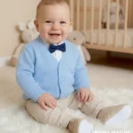 Błękitny sweterek do chrztu dla niemowlaka – wizytowy kardigan chłopięcy na uroczystości.