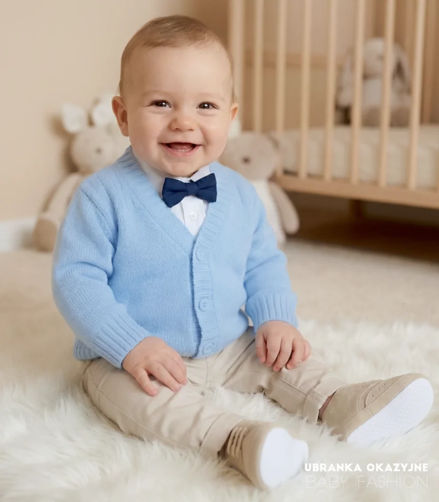 Błękitny sweterek do chrztu dla niemowlaka – wizytowy kardigan chłopięcy na uroczystości.