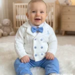 Elegancki sweter niemowlęcy o splocie warkoczowym, krój dwurzędowej marynarki z niebieskimi akcentami.