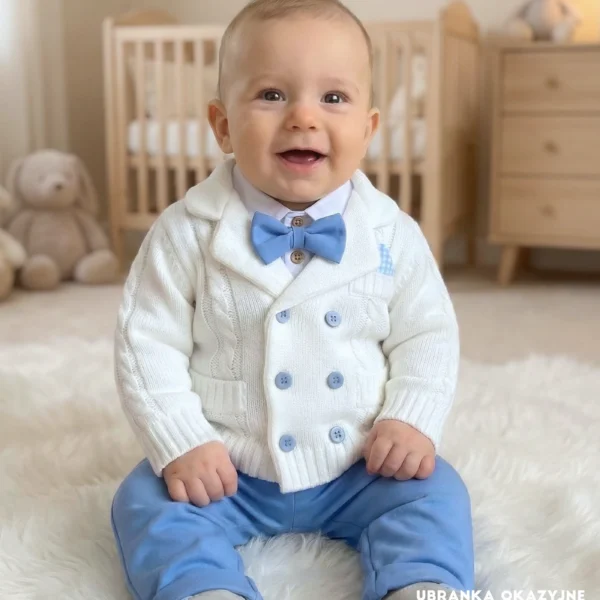 Elegancki sweter niemowlęcy o splocie warkoczowym, krój dwurzędowej marynarki z niebieskimi akcentami.
