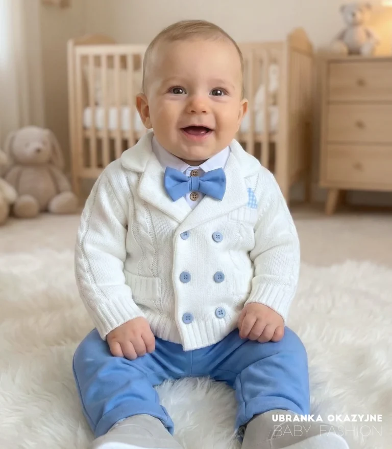 Elegancki sweter niemowlęcy o splocie warkoczowym, krój dwurzędowej marynarki z niebieskimi akcentami.