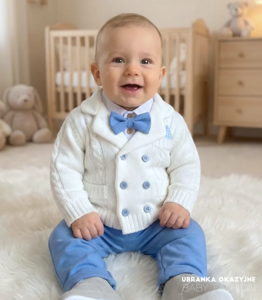 Elegancki sweter niemowlęcy o splocie warkoczowym, krój dwurzędowej marynarki z niebieskimi akcentami.