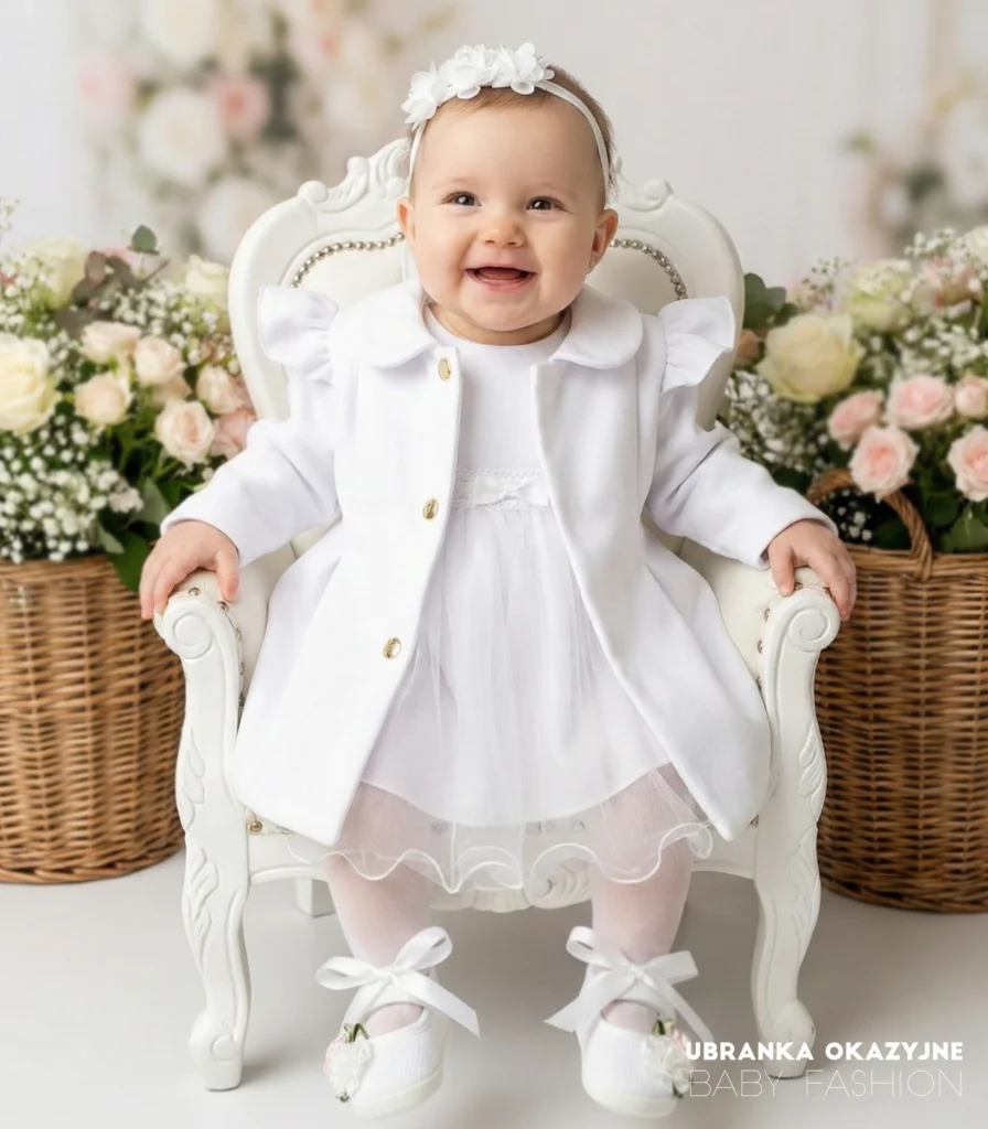Biały płaszczyk do chrztu dla dziewczynki z ozdobnymi falbankami i złotymi guzikami.