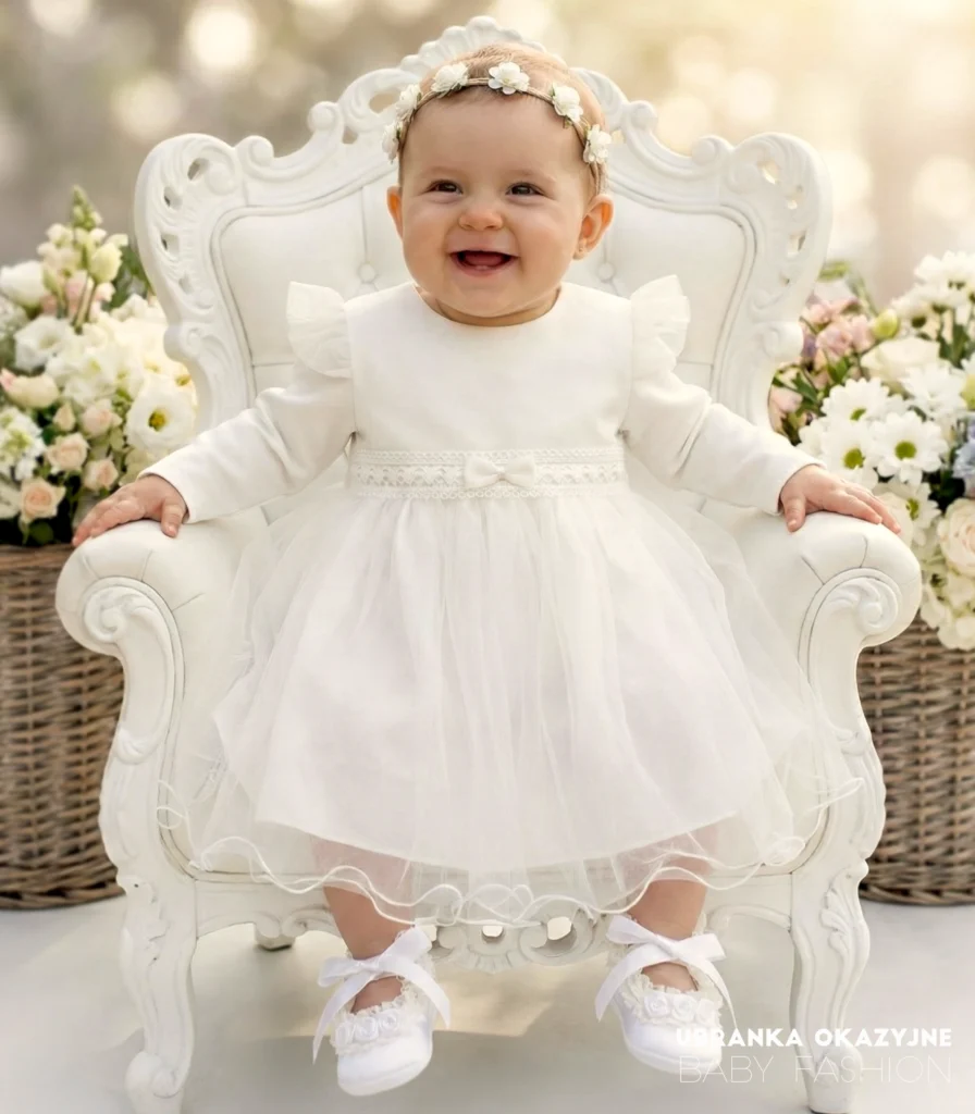 Tiulowa sukienka do chrztu w kolorze ecru z długim rękawem i koronkowym wykończeniem dla dziewczynki.