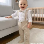 Eleganckie ubranko do chrztu dla chłopca: beżowe spodnie z szelkami, białe koszulo-body i mucha.