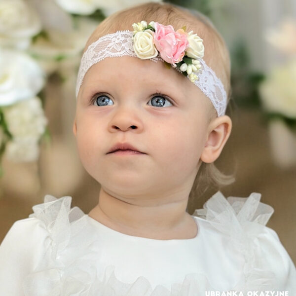 Opaska do chrztu z różową różą i ecru różyczkami