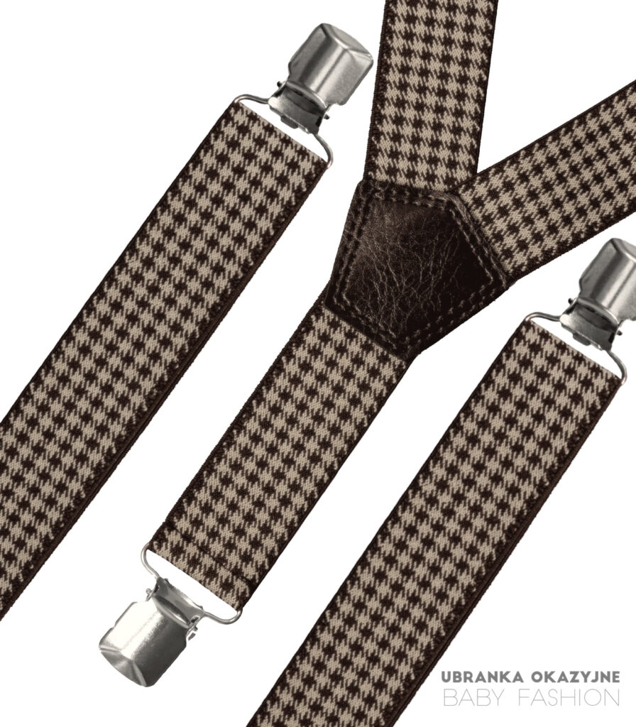 Eleganckie szelki chłopięce do chrztu lub na roczek, wzór brązowa pepitka