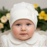 Elegancka czapeczka niemowlęca w kolorze ecru, idealna na Chrzest Święty, ozdobiona kokardą.