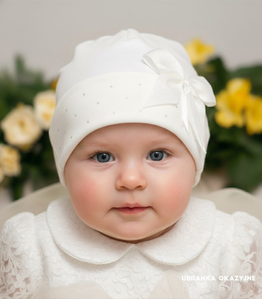 Elegancka czapeczka niemowlęca w kolorze ecru, idealna na Chrzest Święty, ozdobiona kokardą.