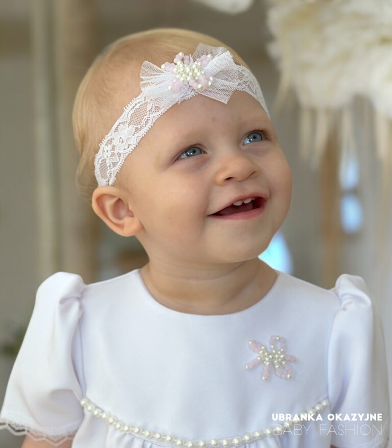 Biała opaska do chrztu z tiulową kokardą