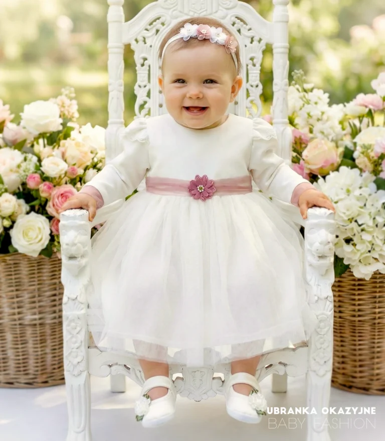 Elegancka sukienka na chrzest ecru z długim rękawem i tiulowym dołem.